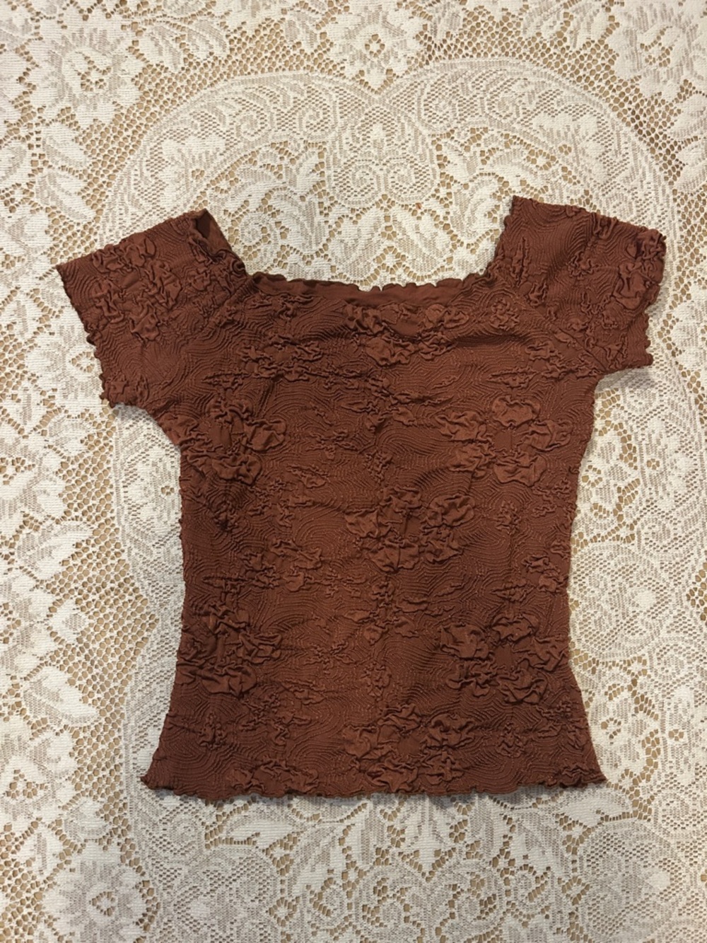 Haystacks Floral Off-Shoulder Scrunch Top, Warm Brown, Size S